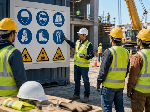 Site supervisor leading a safety briefing for a crew in hard hats and high-visibility vests