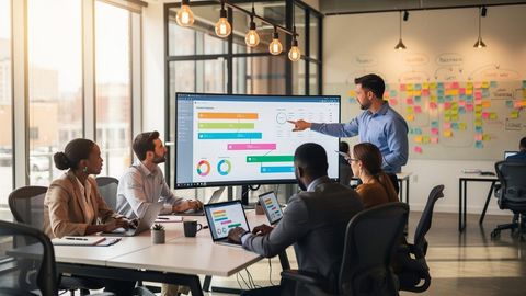 Sales manager walking the team through pipeline results on a screen