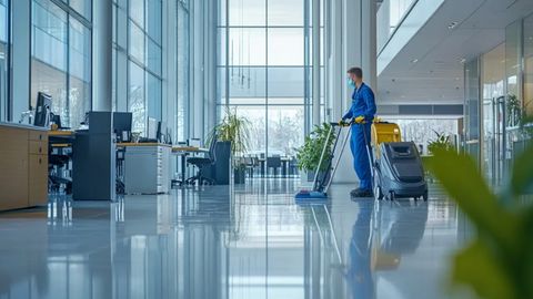Cleaning technician running a floor scrubber across a bright office lobby